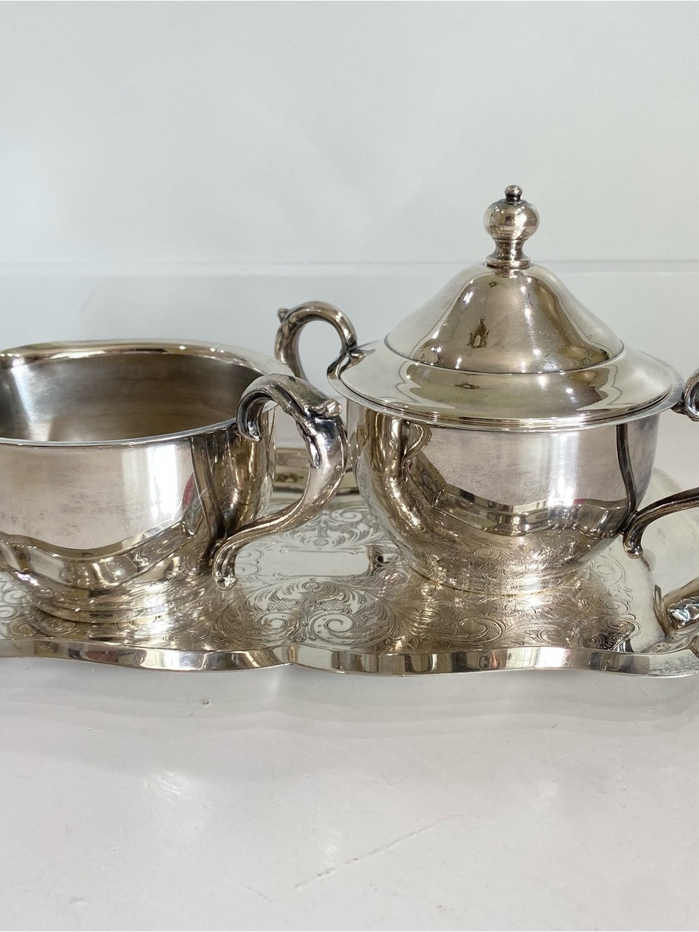 Vintage Mid-Century English Silver Mfg. Corp. Sugar, Creamer & Serving Tray Set